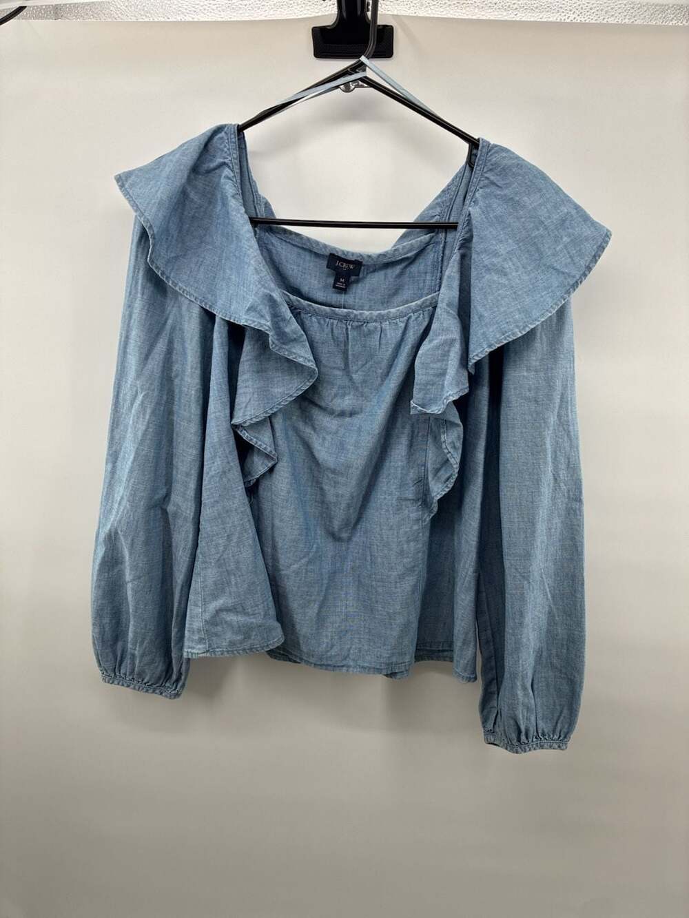 J.Crew Chambray Ruffle Collar Top Size M Square Neck Blue Denim Blouse